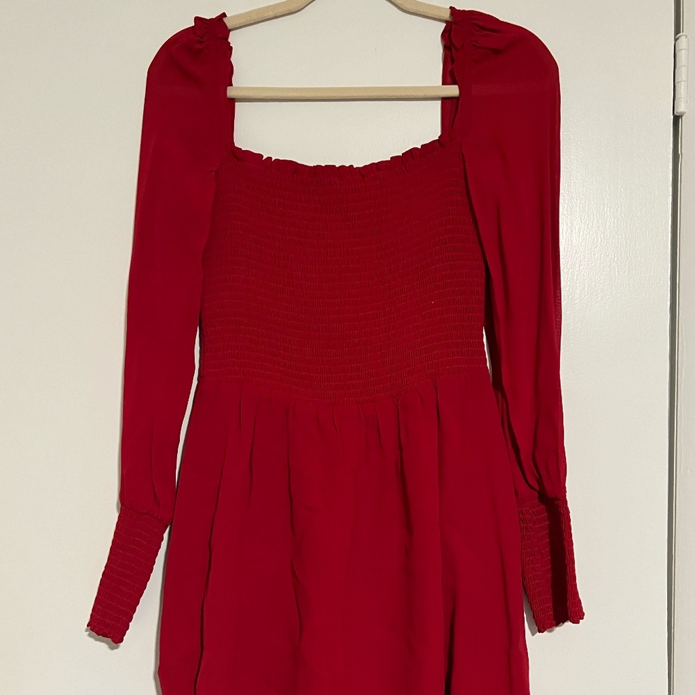 REFORMATION RED SMOCKED MINI DRESS